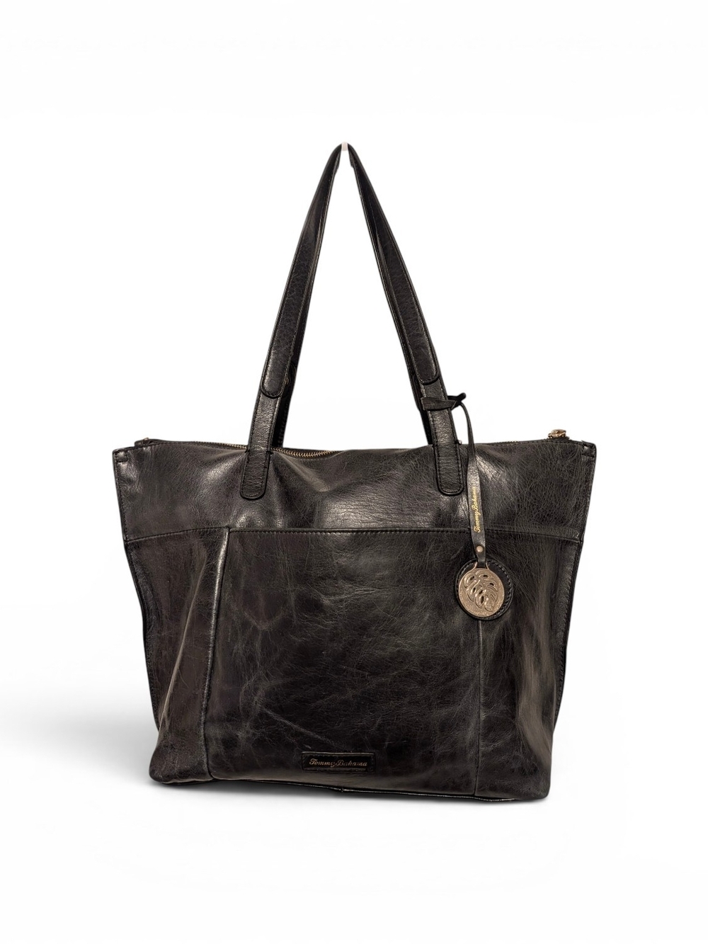 Tommy Bahama Black Leather Hobo Tote with Logo Charm